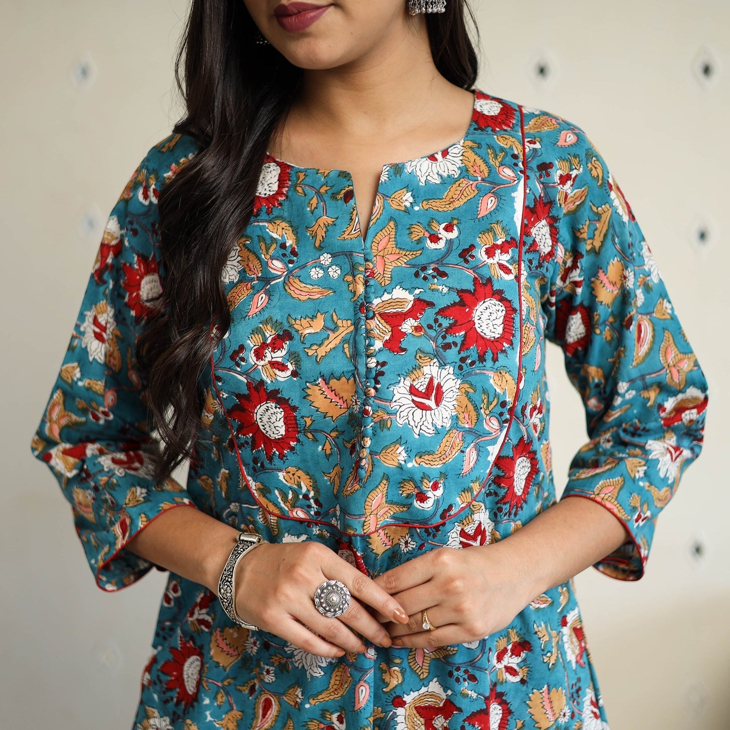Green A-Line Cotton Block Print Sanganeri Kurta