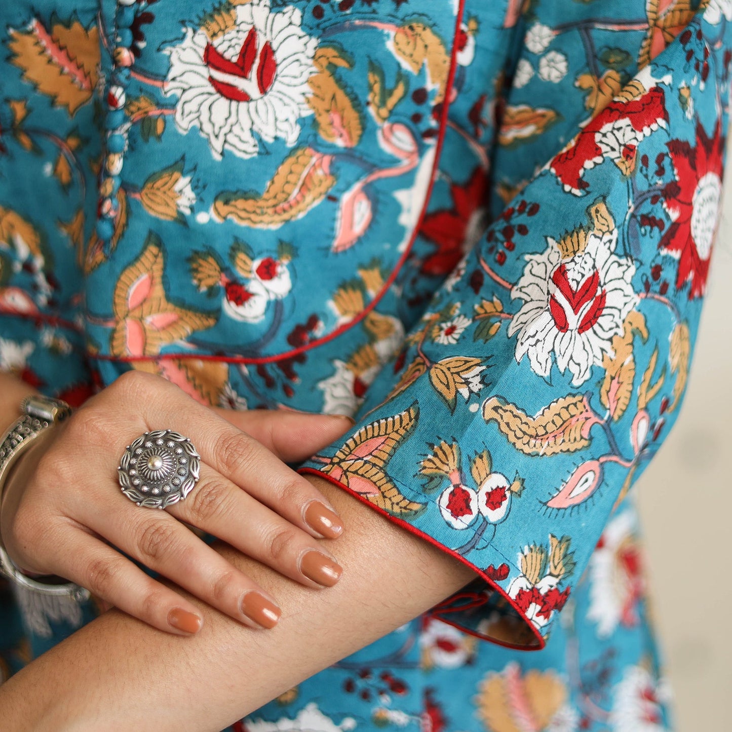 Green A-Line Cotton Block Print Sanganeri Kurta