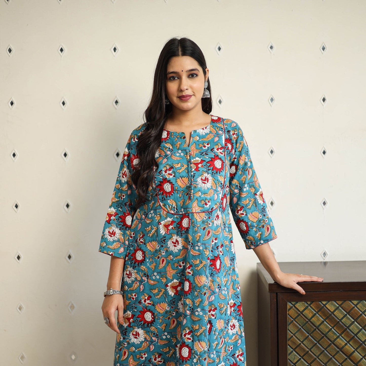 Green A-Line Cotton Block Print Sanganeri Kurta