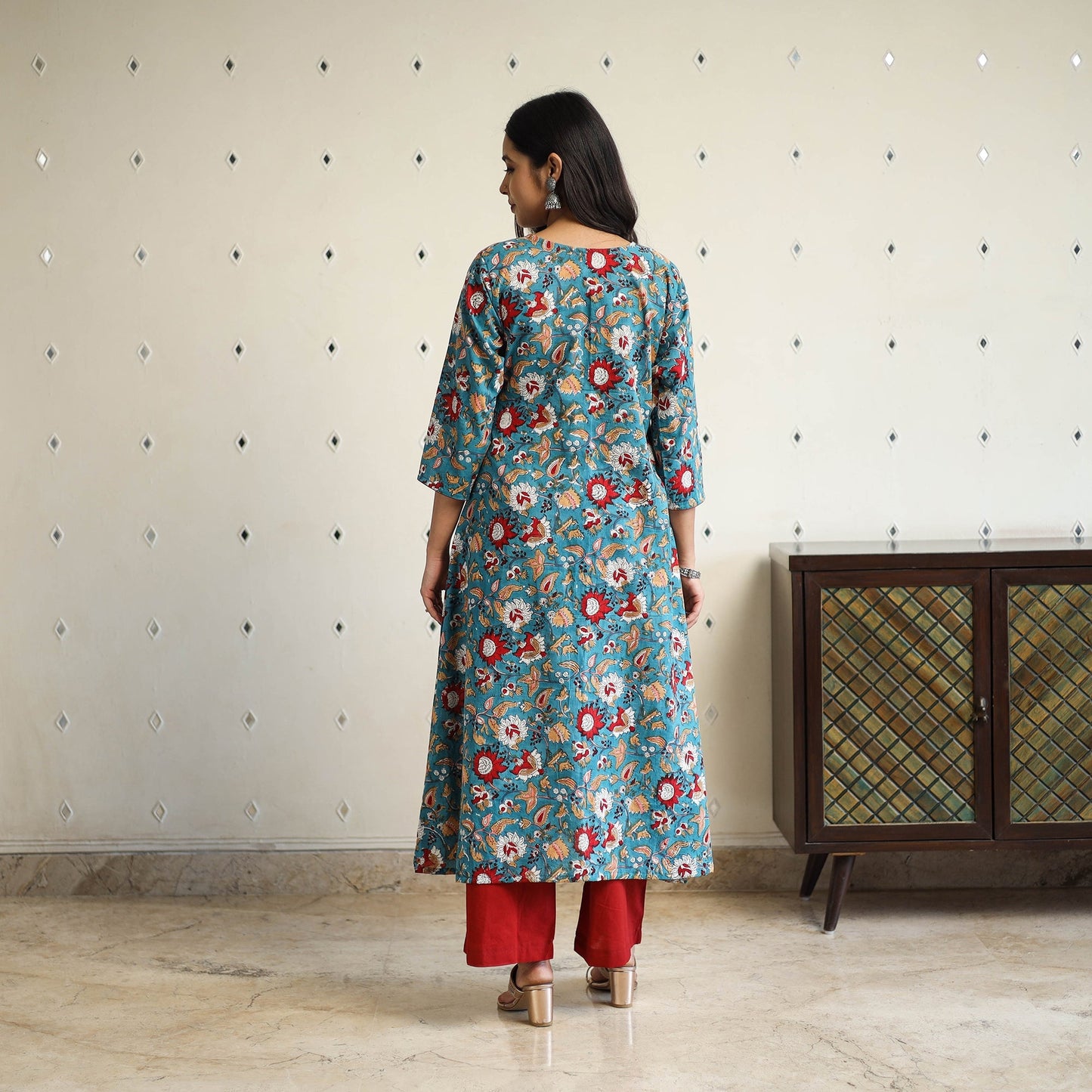 Green A-Line Cotton Block Print Sanganeri Kurta
