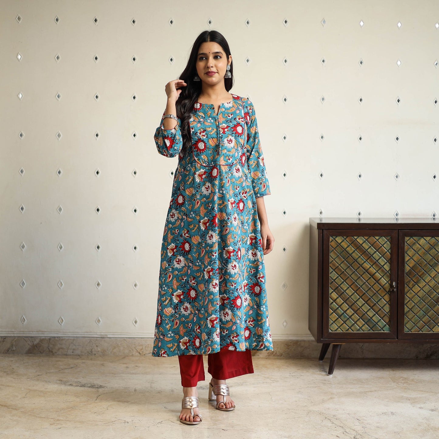 Green A-Line Cotton Block Print Sanganeri Kurta