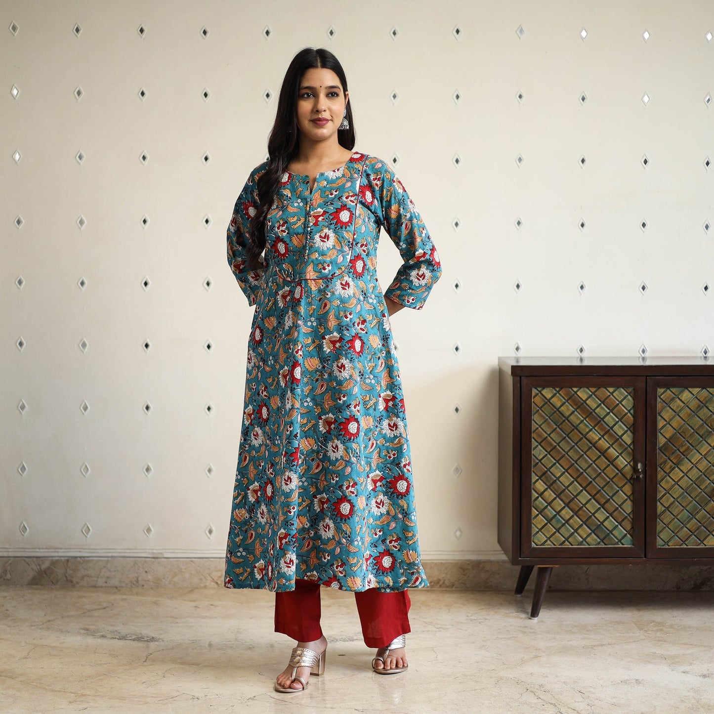 Green A-Line Cotton Block Print Sanganeri Kurta