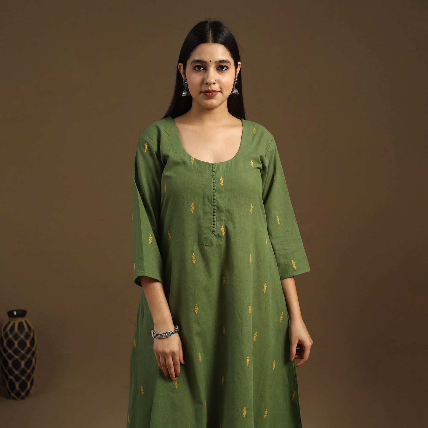 Green A-Line Cotton Jacquard Kurta for Women