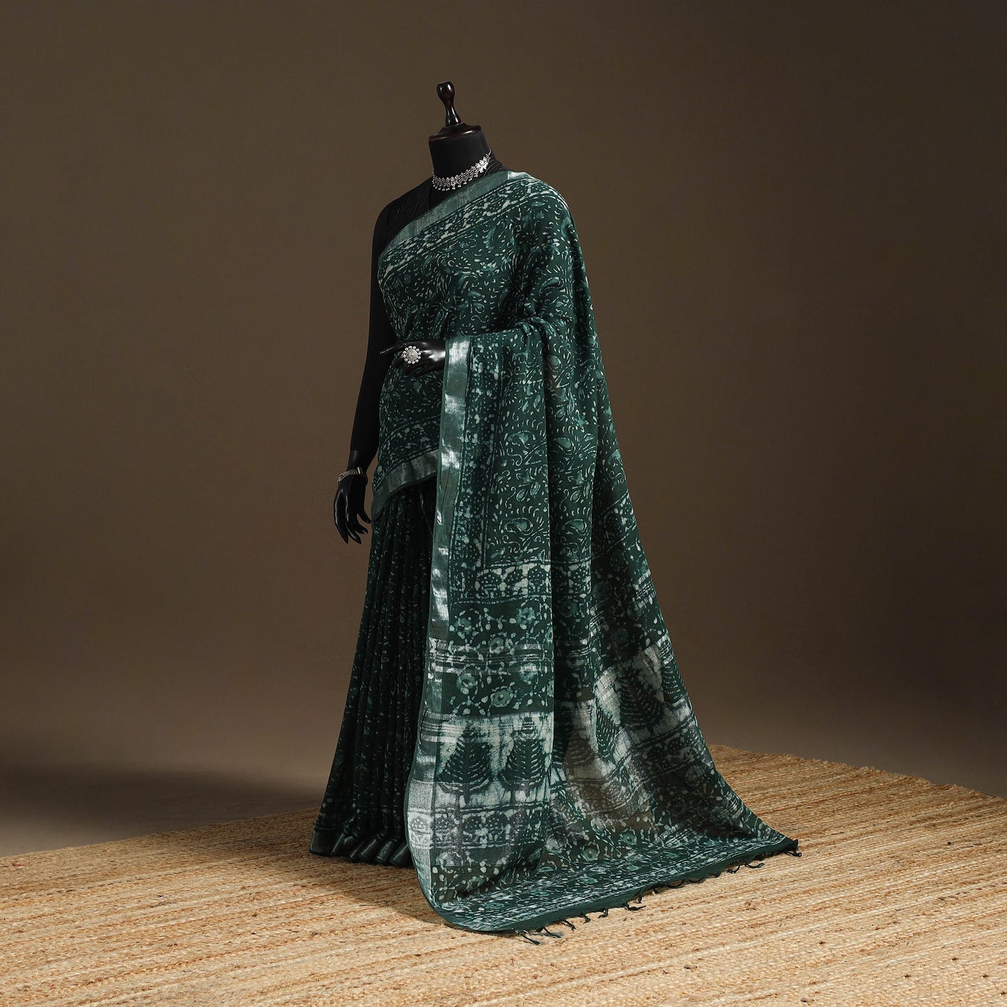 Green - Linen Hand Block Print Bagru Saree with Zari Border 09