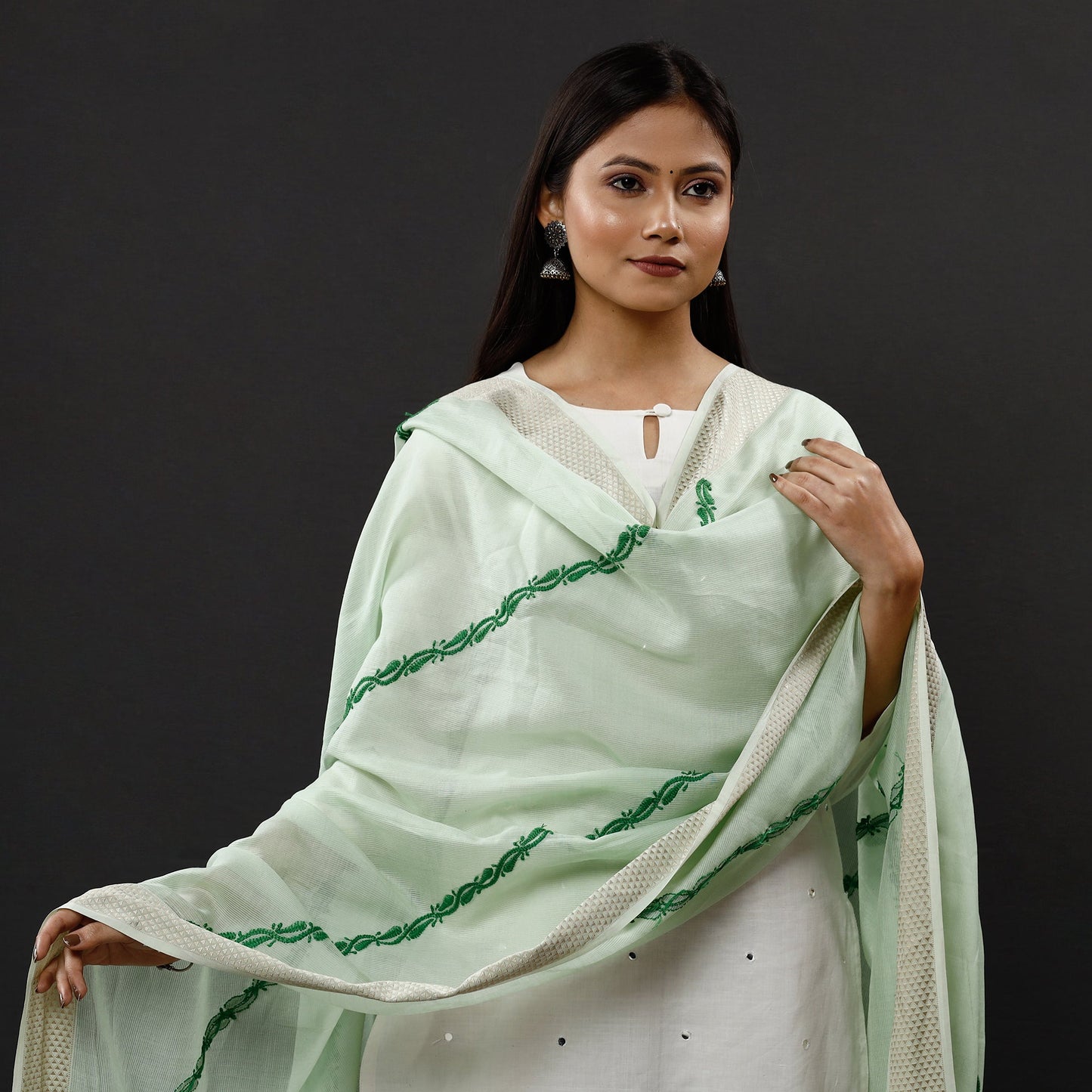 Lucknow Chikankari Hand Embroidery Maheshwari Silk Handloom Dupatta Online