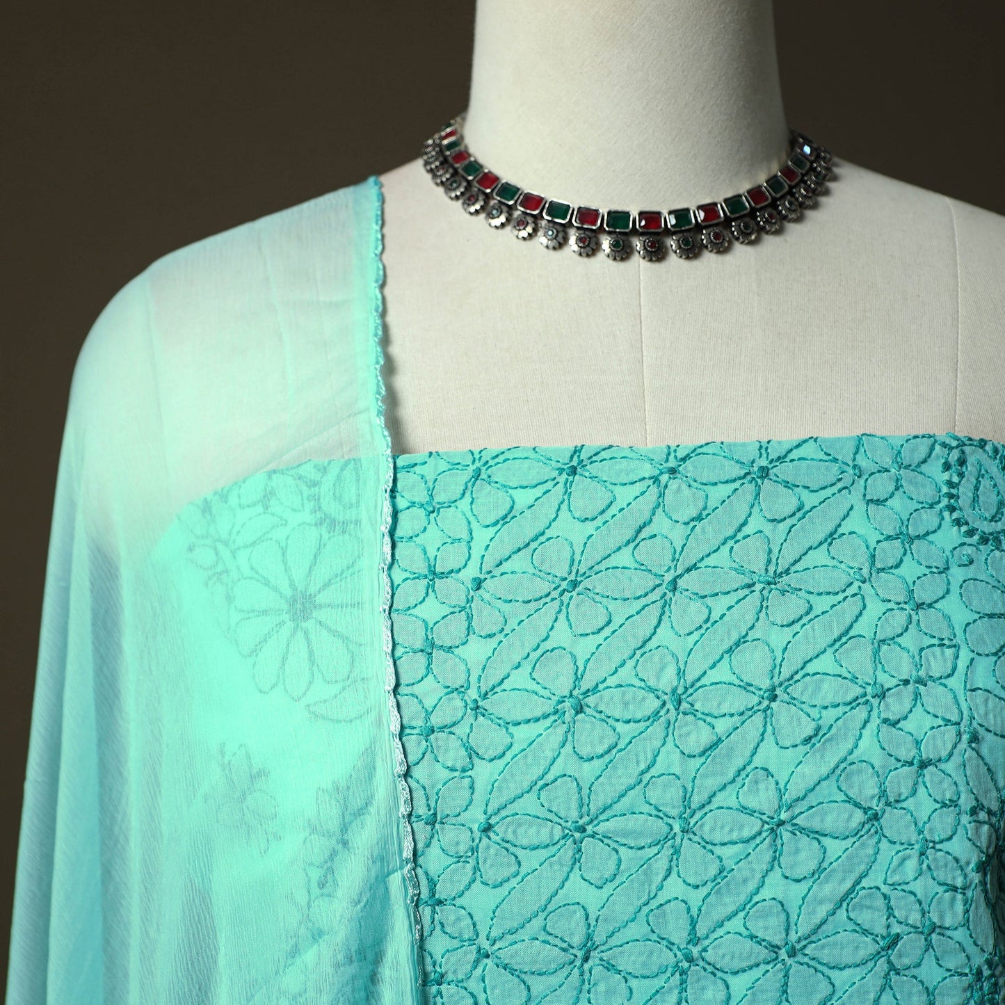Green - lucknowi hand embroidered cotton chikankari 3pc