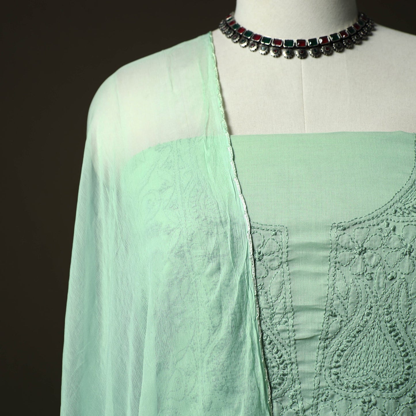 Green - lucknowi hand embroidered cotton chikankari 3pc