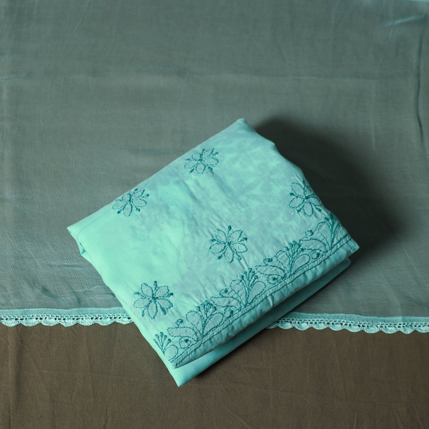 Green - lucknowi hand embroidered cotton chikankari 3pc