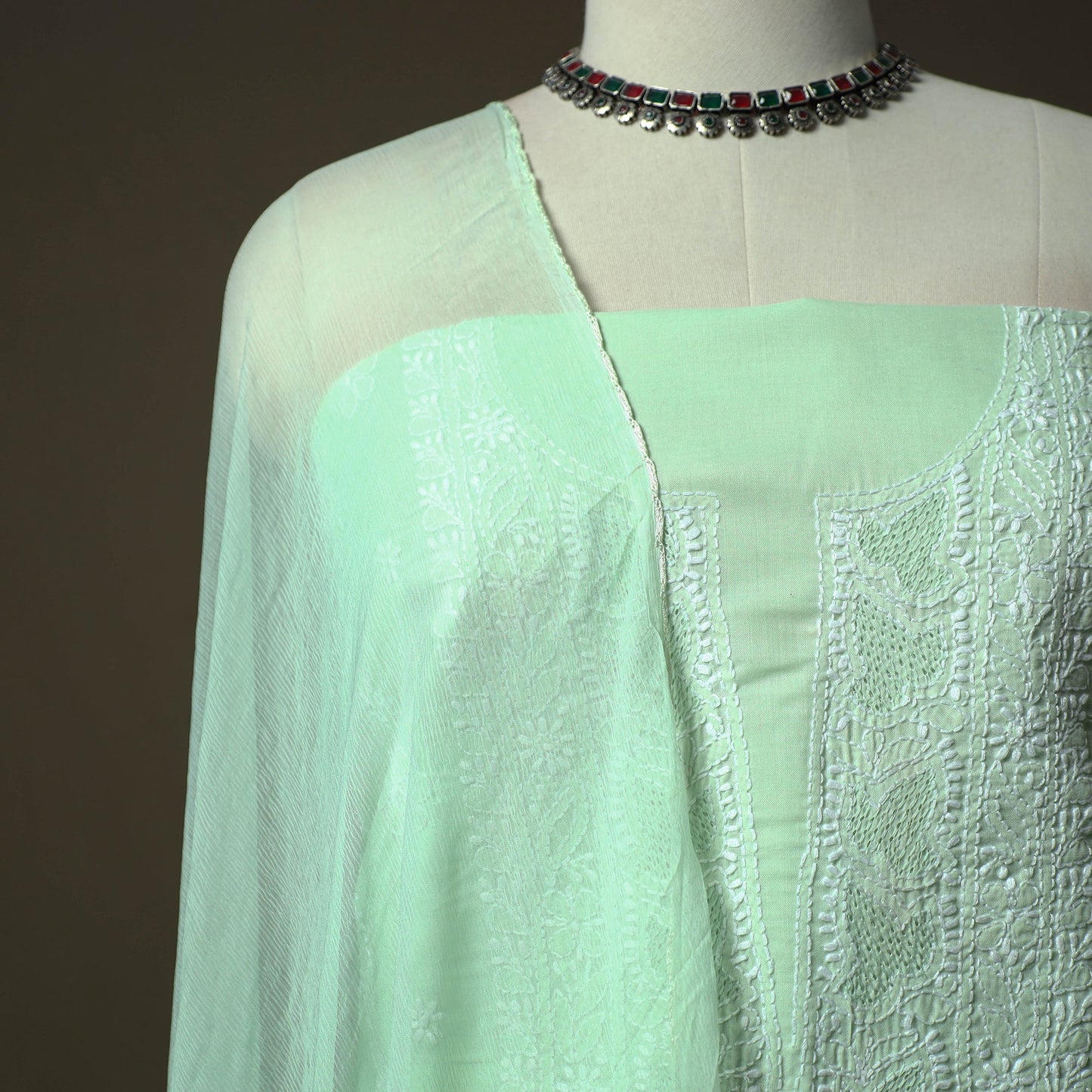 Green - lucknowi hand embroidered cotton chikankari 3pc