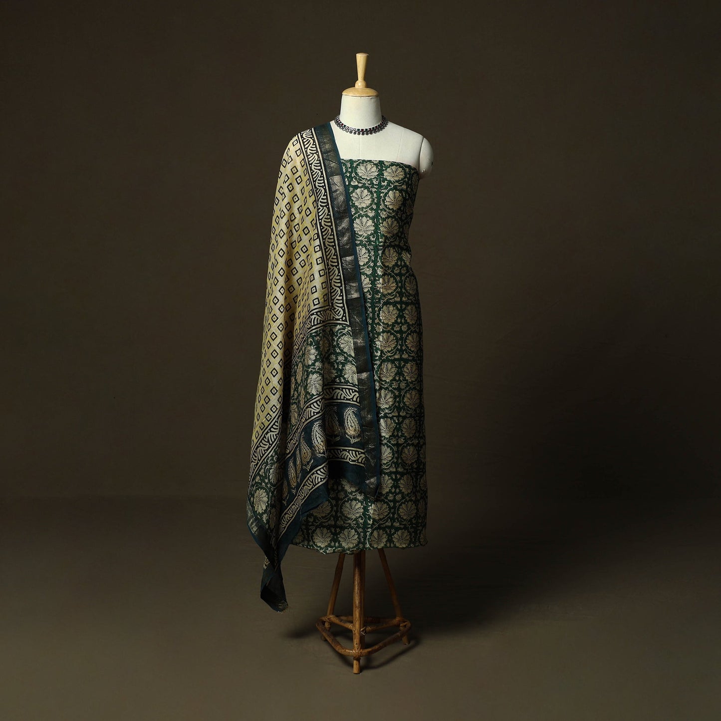 Maheshwari silk hand block bagru print 3pc unstitched dress