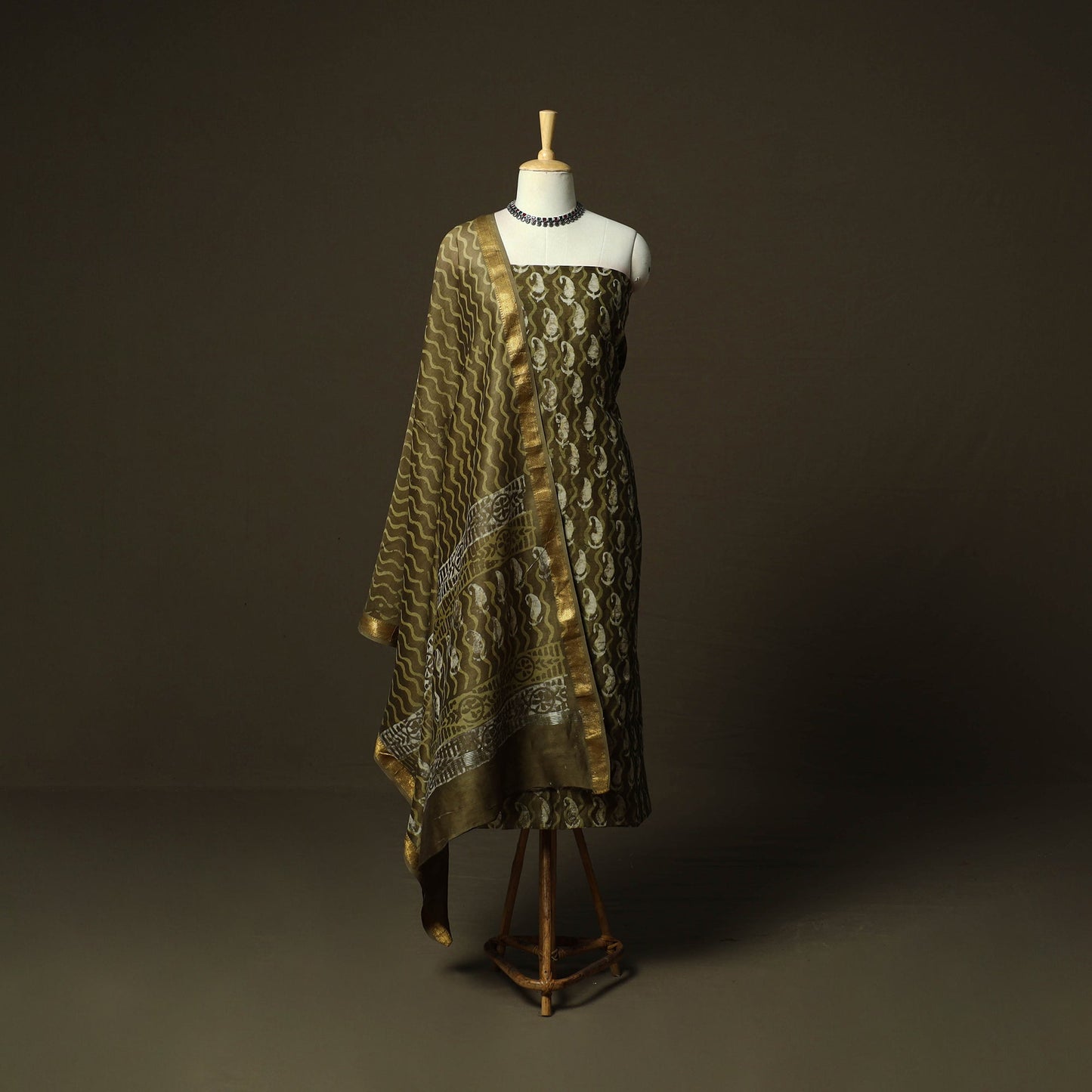 Maheshwari silk hand block bagru print 3pc unstitched dress
