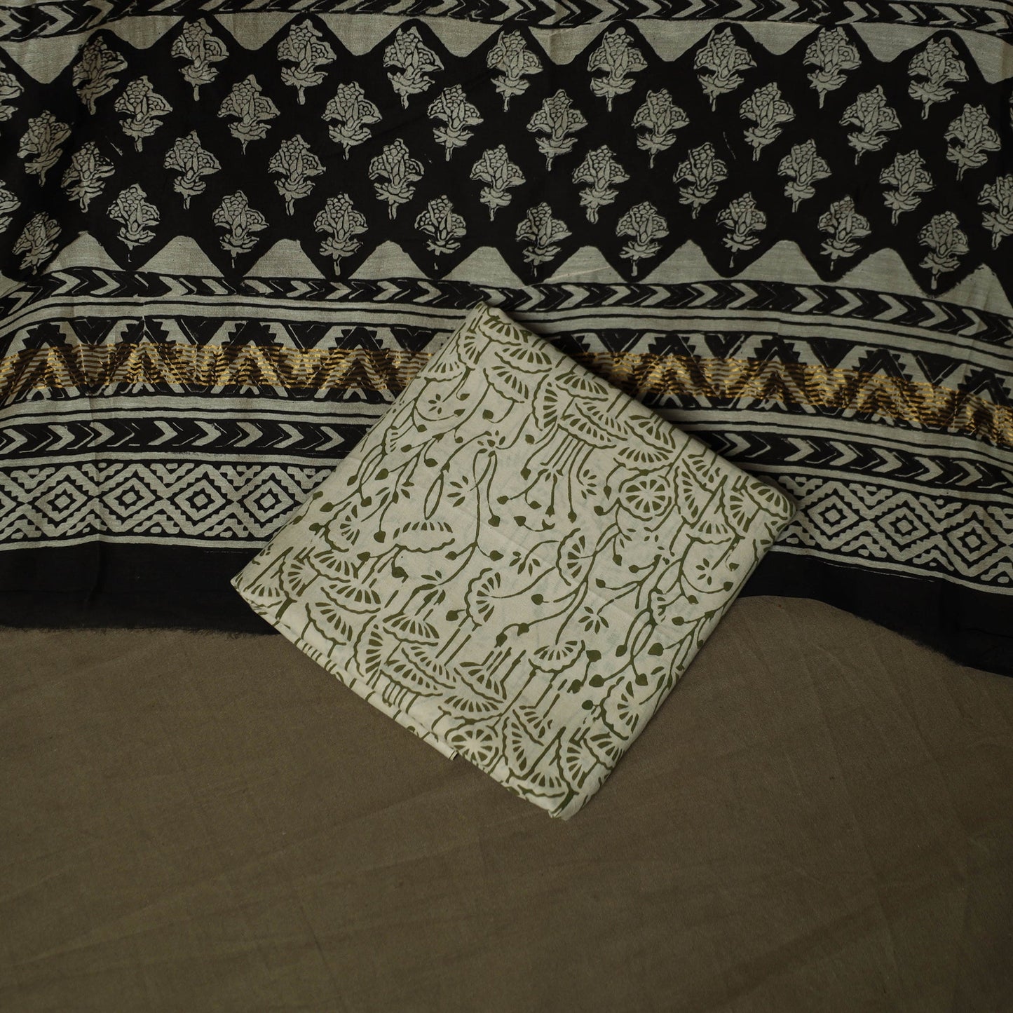 Maheshwari silk hand block bagru print 3pc unstitched dress