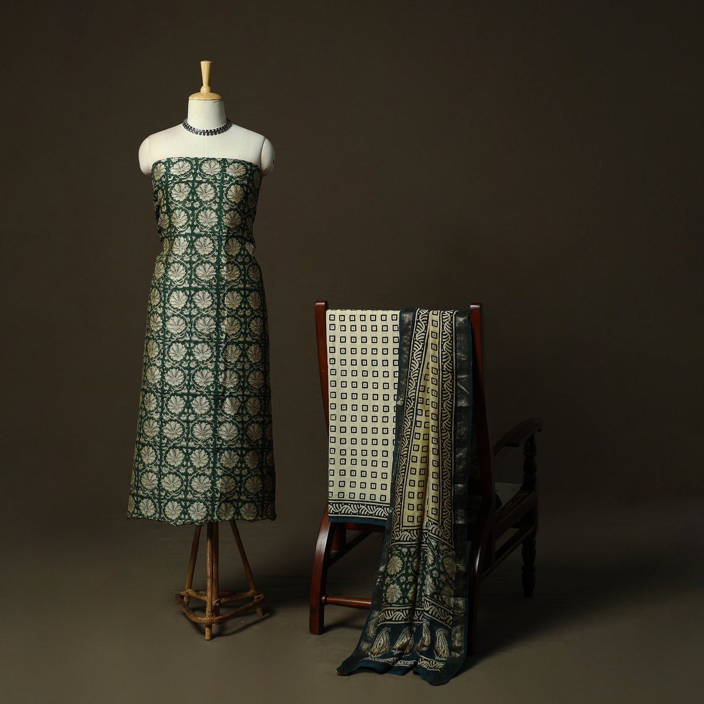 Maheshwari silk hand block bagru print 3pc unstitched dress