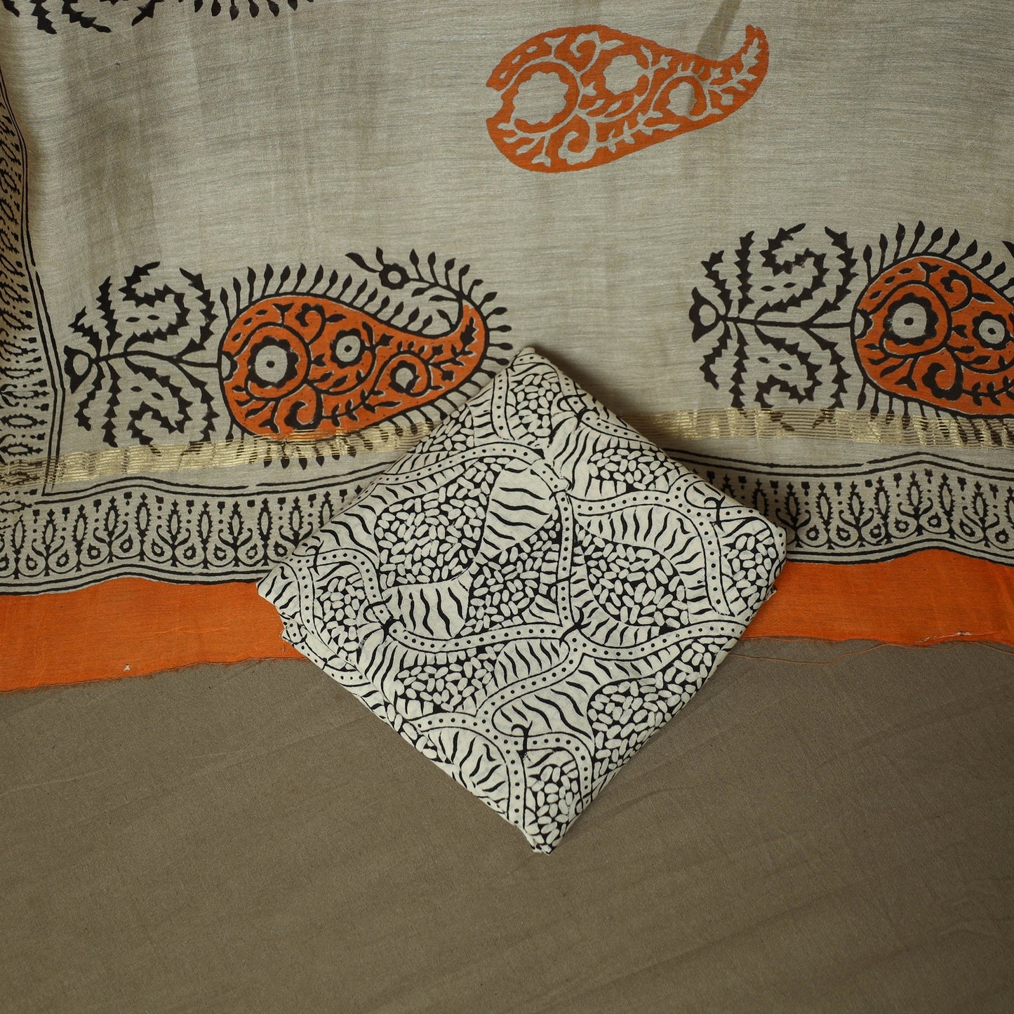 Maheshwari silk hand block bagru print 3pc unstitched dress