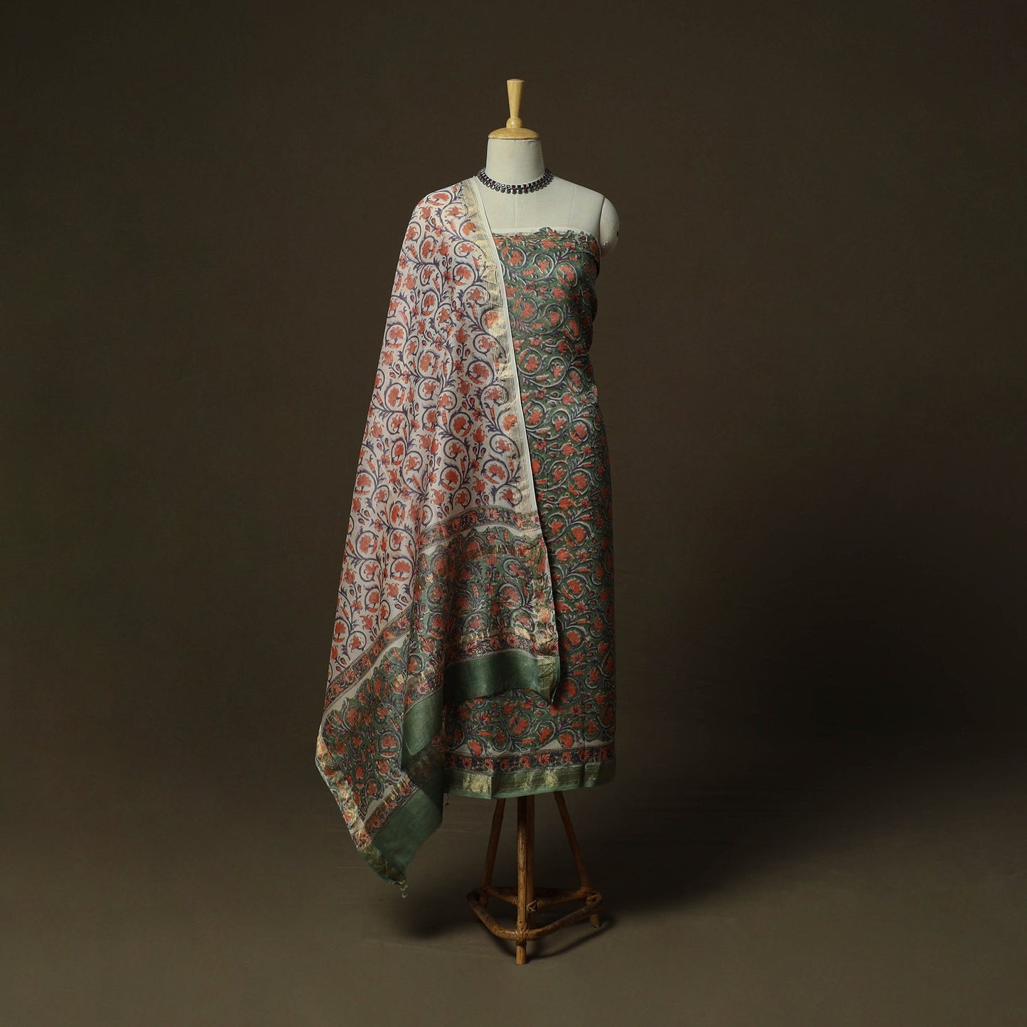 Maheshwari silk hand block sanganeri print 3pc unstitched