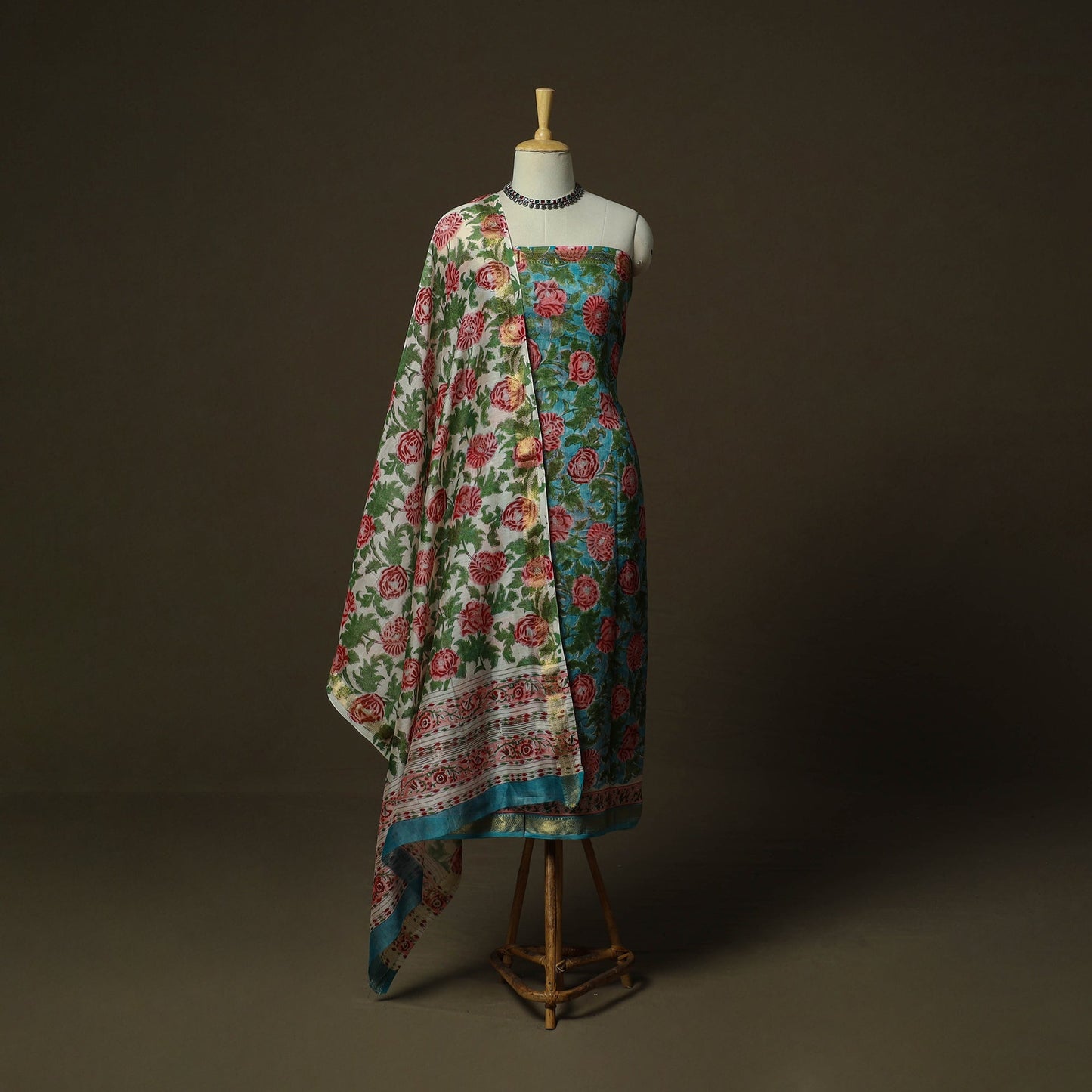 Maheshwari silk hand block sanganeri print 3pc unstitched