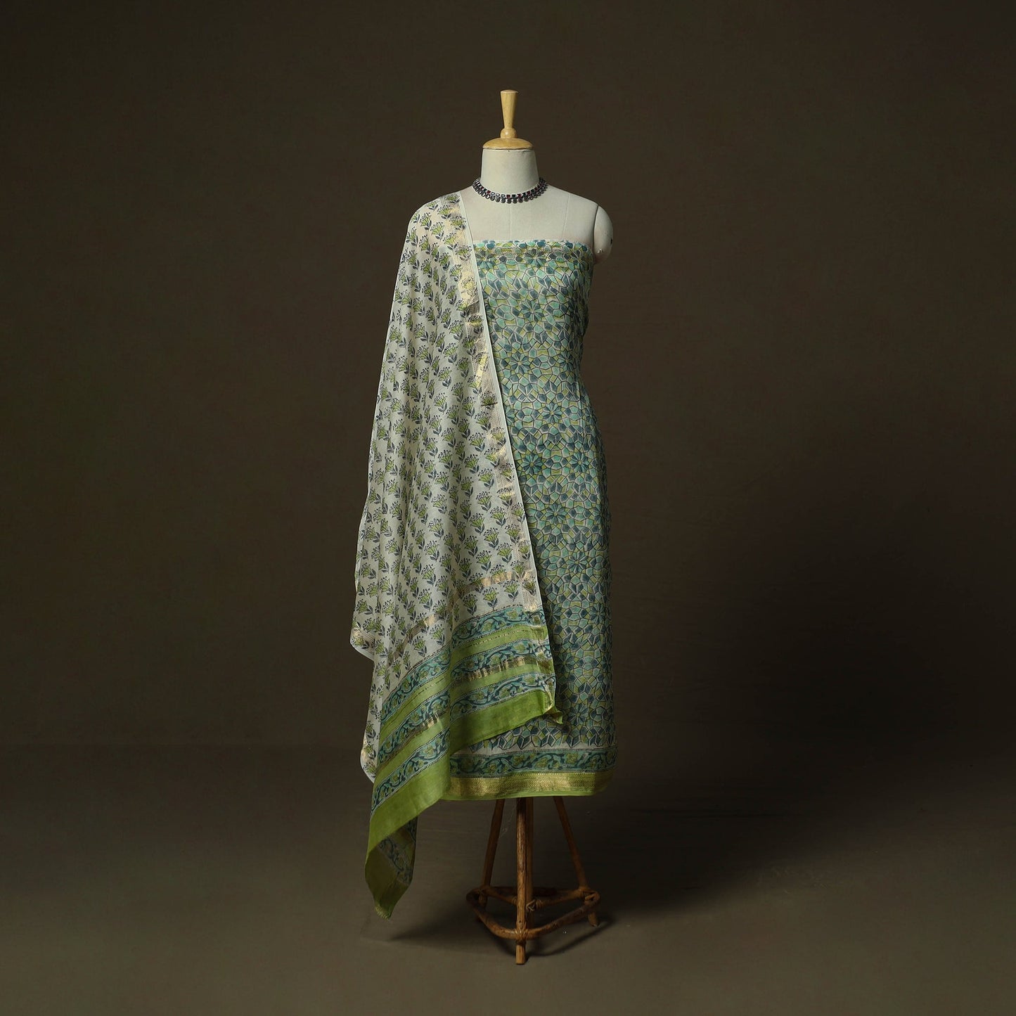 Maheshwari silk hand block sanganeri print 3pc unstitched