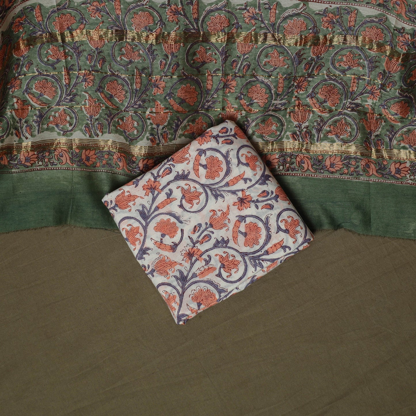Maheshwari silk hand block sanganeri print 3pc unstitched
