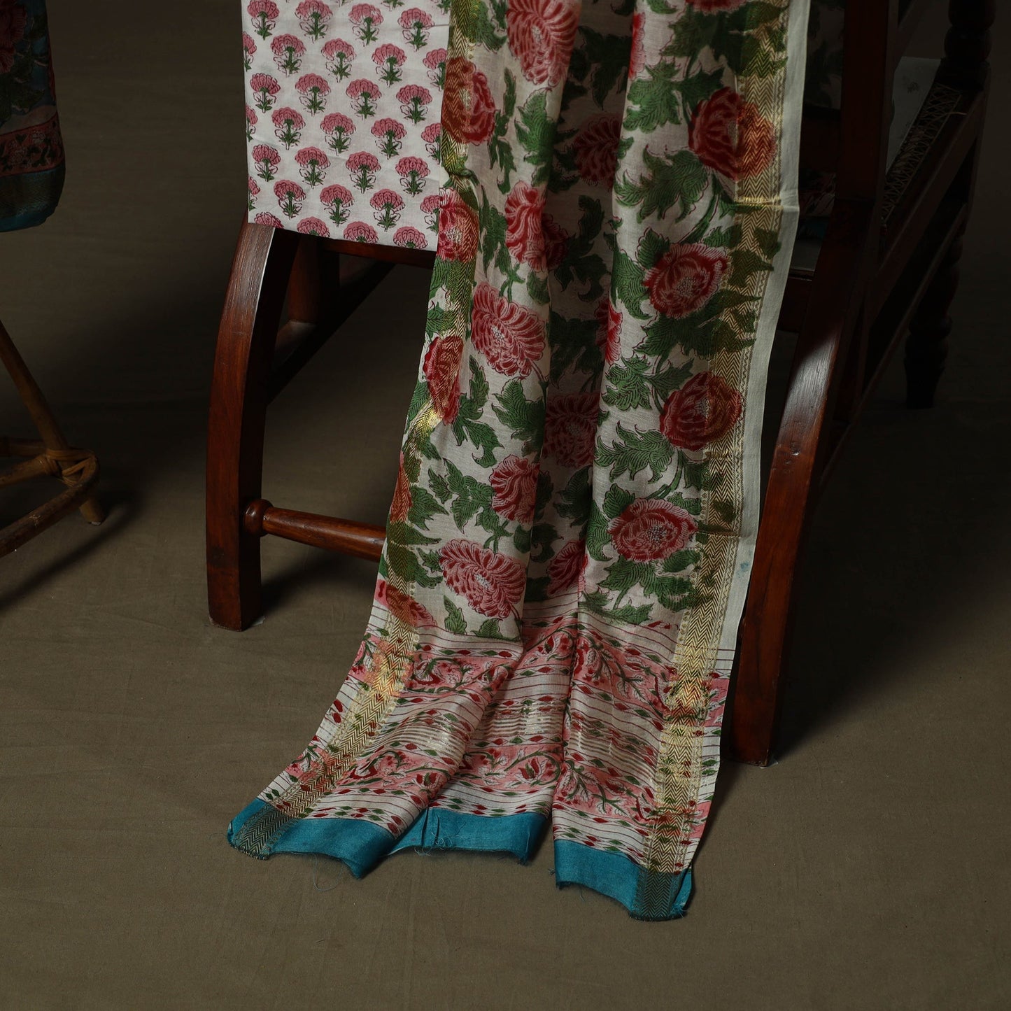 Maheshwari silk hand block sanganeri print 3pc unstitched
