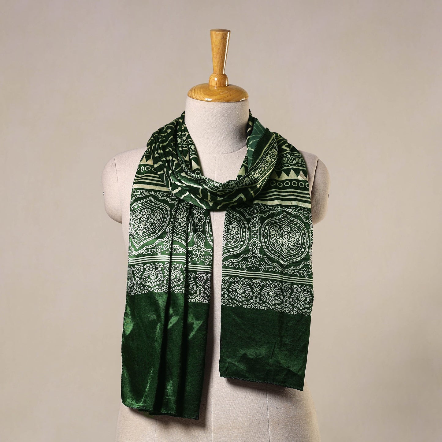 Green Mashru Silk Printed Ajrakh Stole