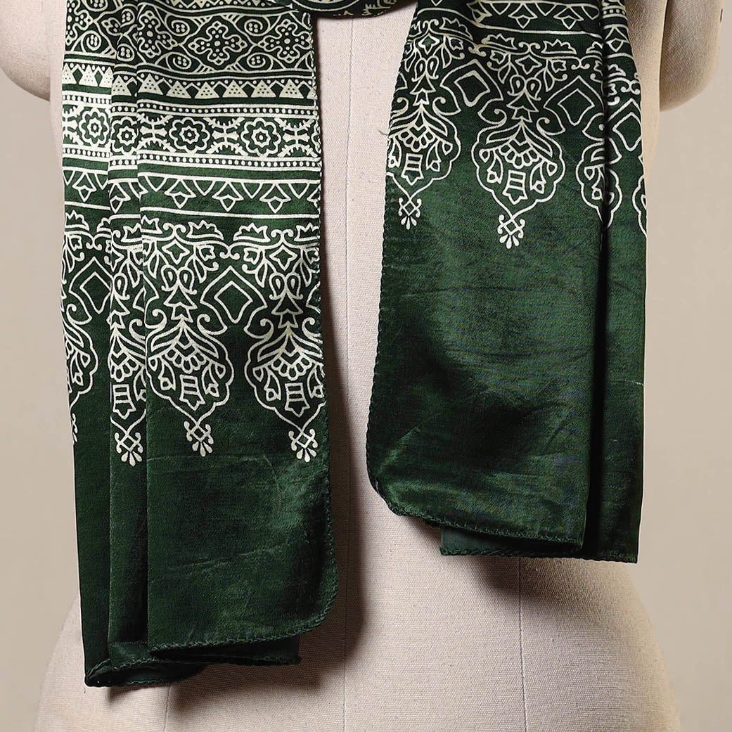 Green Mashru Silk Printed Ajrakh Stole