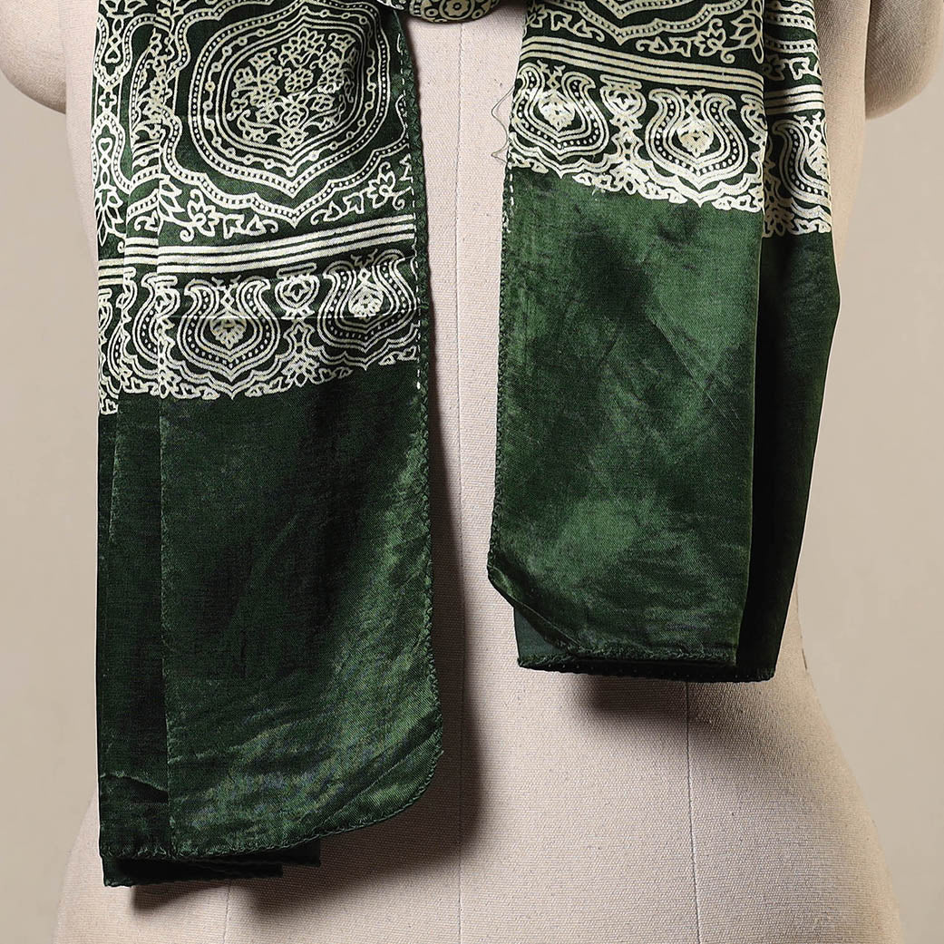 Green Mashru Silk Printed Ajrakh Stole