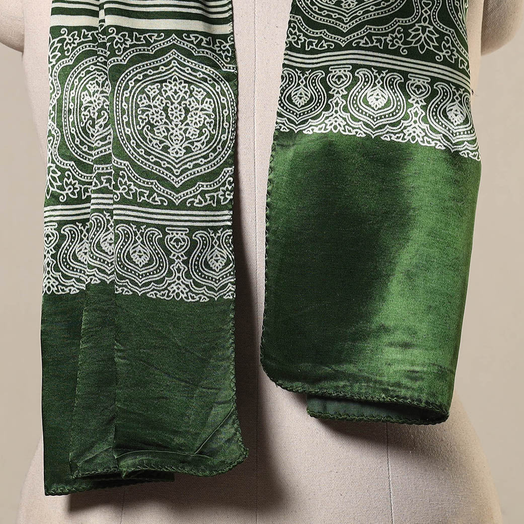 Green Mashru Silk Printed Ajrakh Stole
