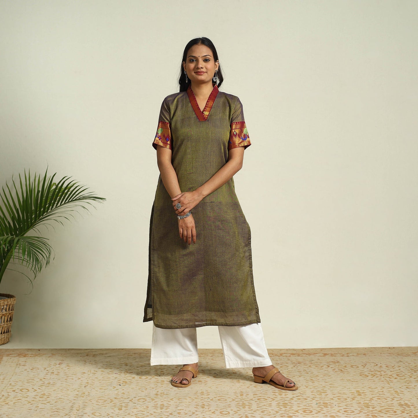 Green Mercerised Cotton Straight Dharwad Kurta