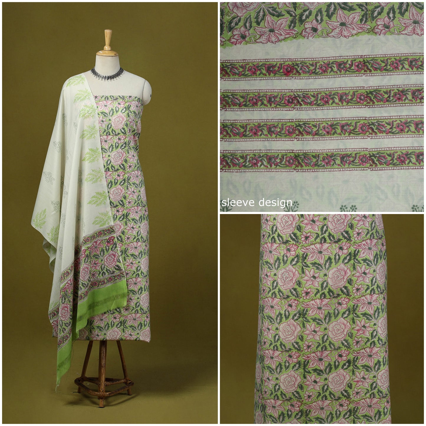 Green - merino wool sanganeri 3pc unstitched dress material