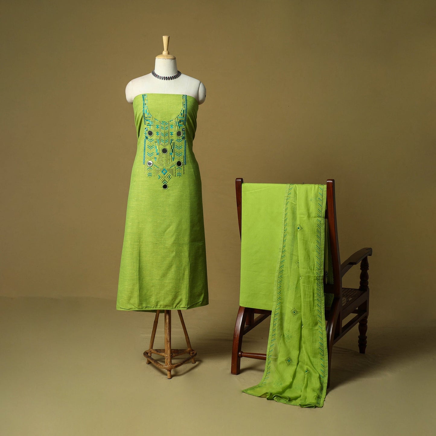 Mirror work embroidered cotton 3pc unstitched dress