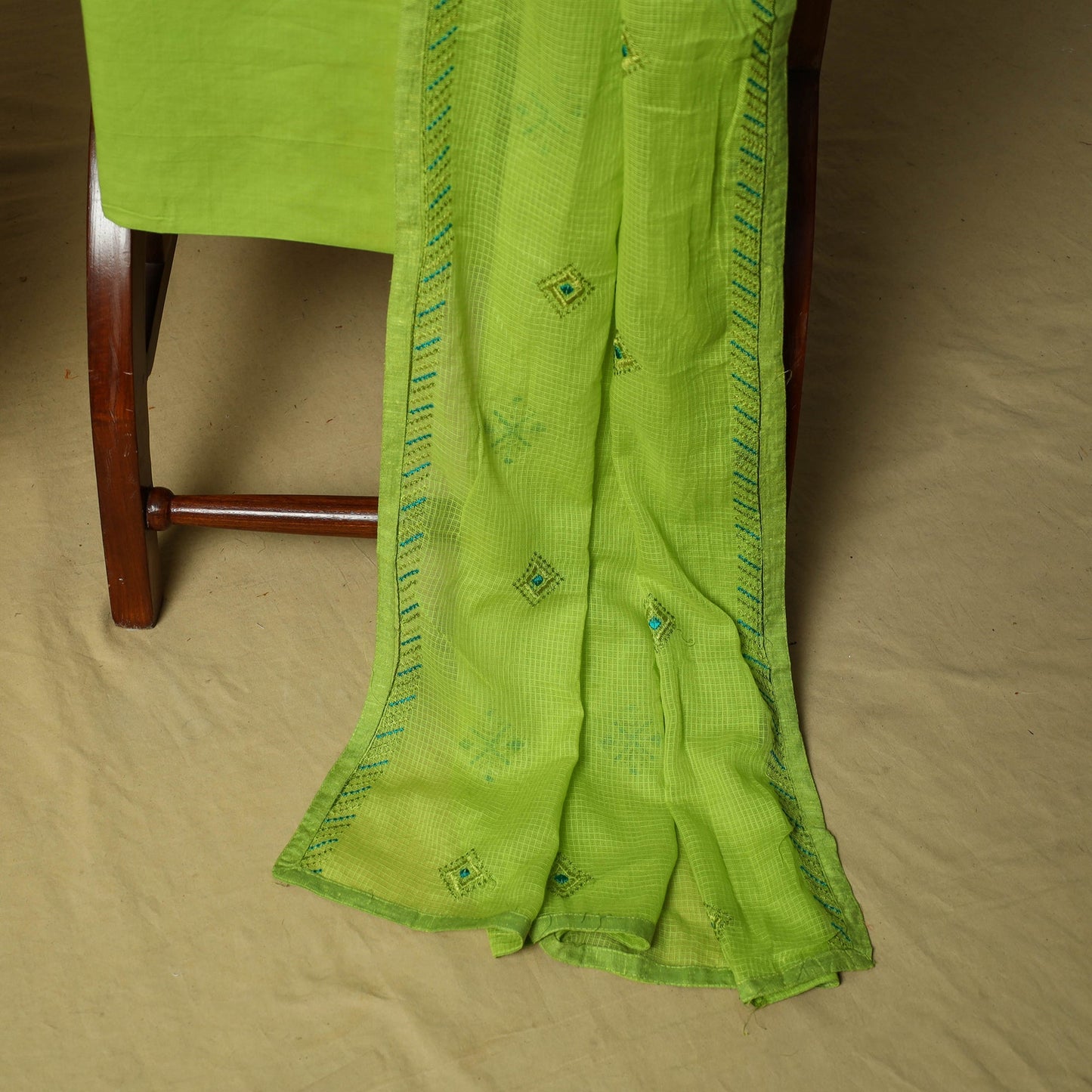 Mirror work embroidered cotton 3pc unstitched dress
