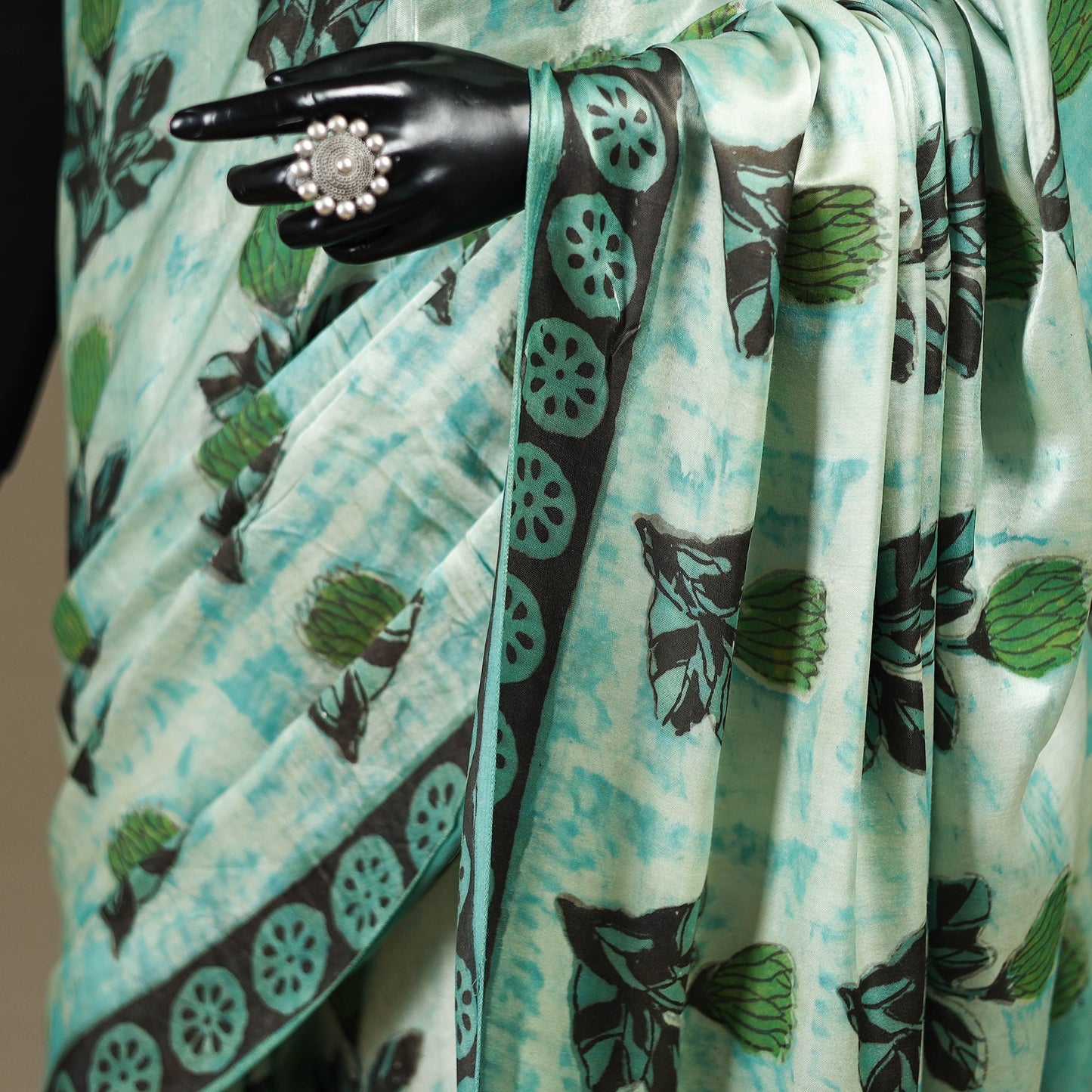 Green - modal silk hand bagru saree 10 - handcrafted