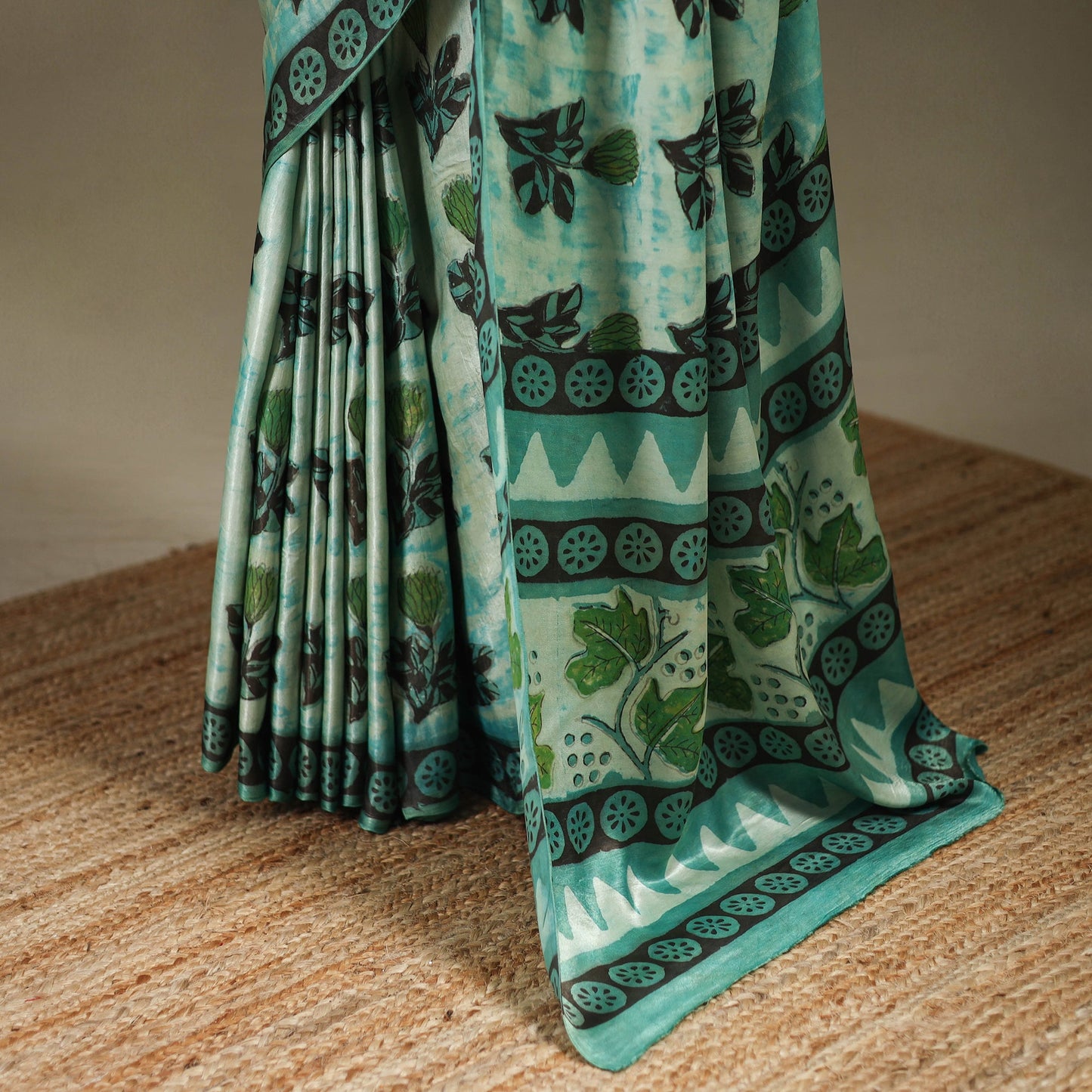 Green - modal silk hand bagru saree 10 - handcrafted