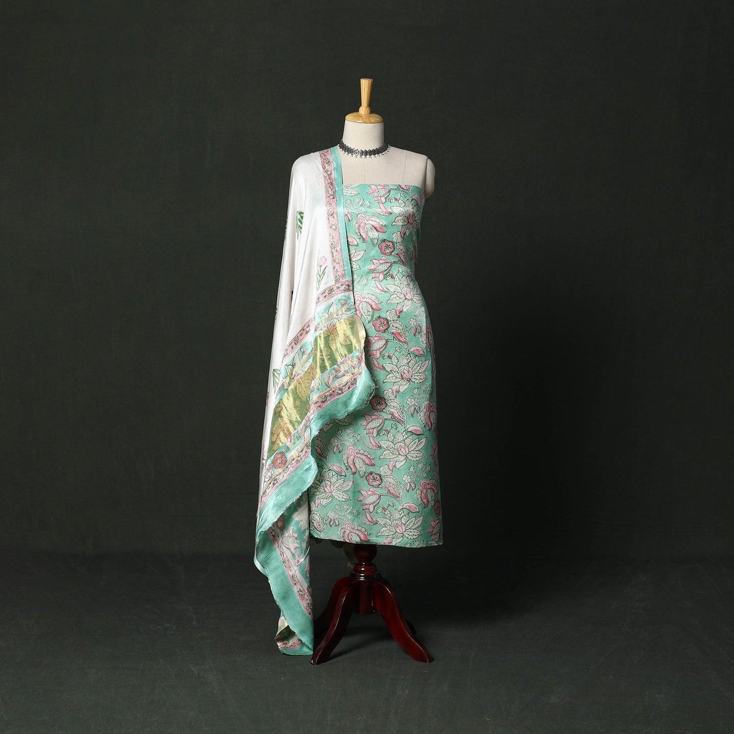 Modal silk hand block sanganeri print 2pc unstitched dress