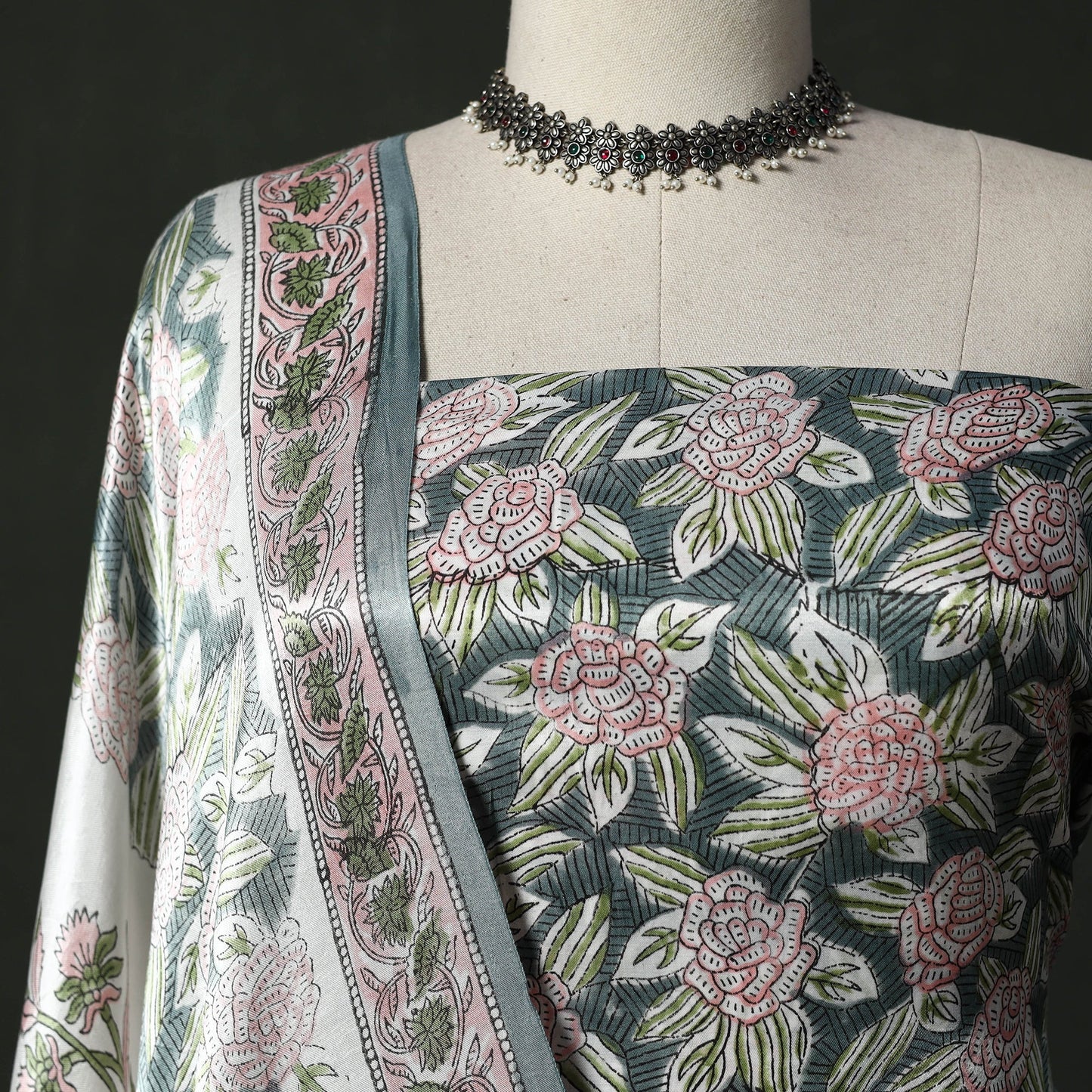 Modal silk hand block sanganeri print 2pc unstitched dress