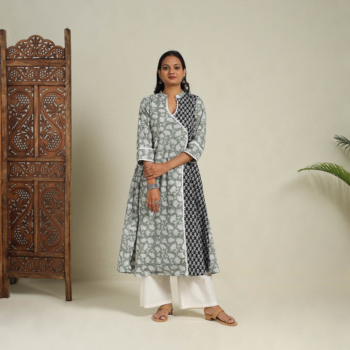 Mosaic Fusion Cotton A-Line Lace Work Green Sanganeri Kurta for Women