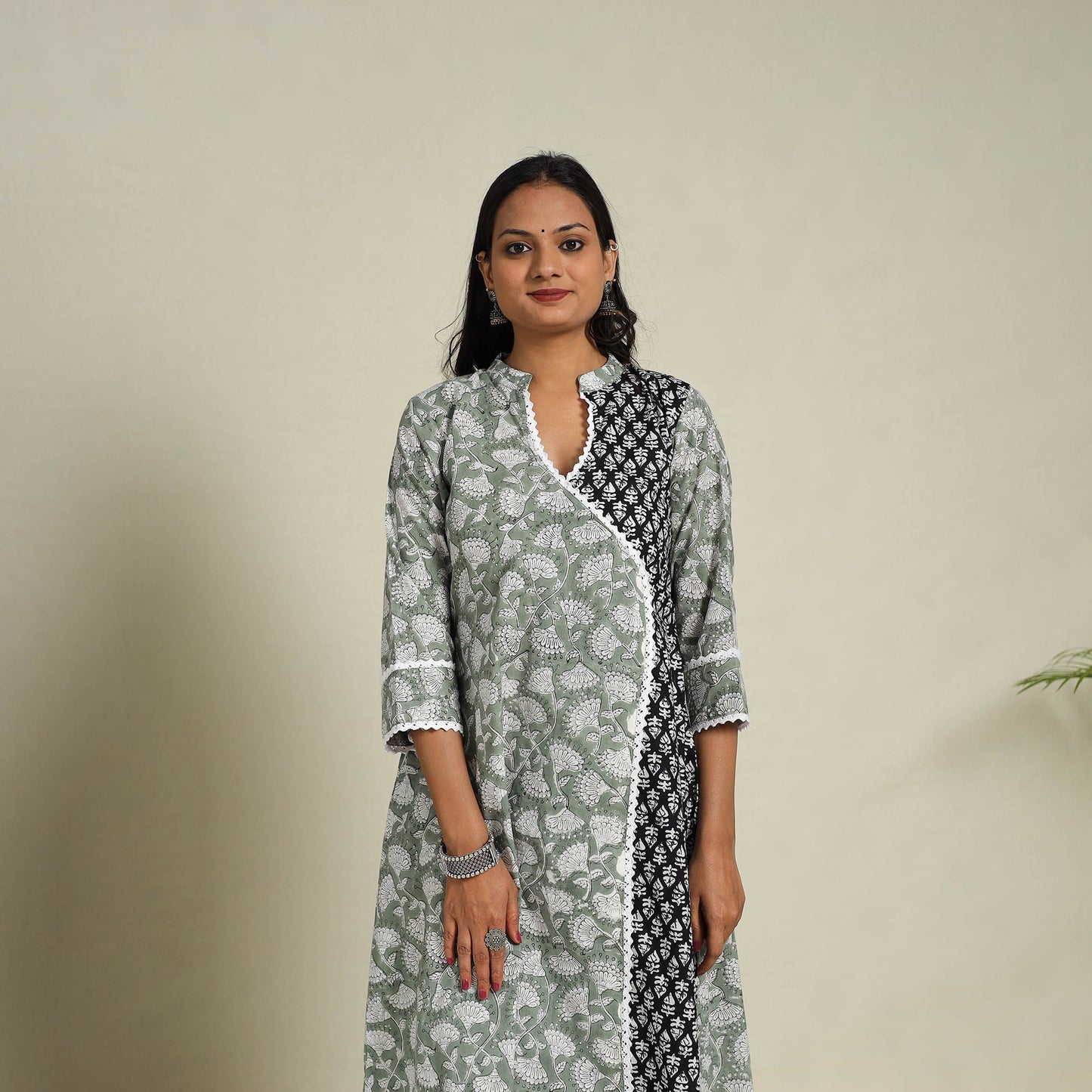 Mosaic Fusion Cotton A-Line Lace Work Green Sanganeri Kurta for Women