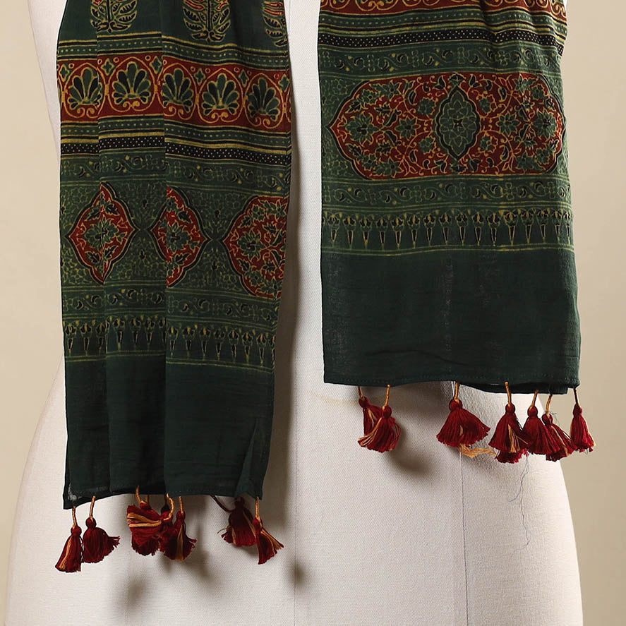 Green Block Print Mul Cotton Ajrakh Stole With Tassels