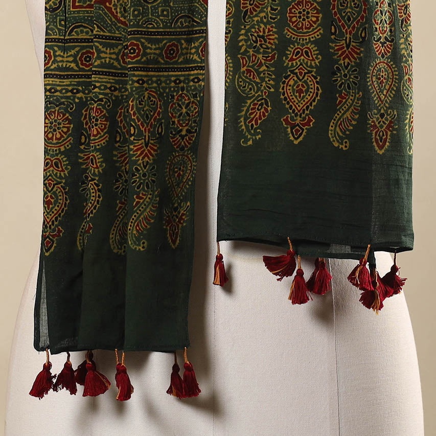 Green Block Print Mul Cotton Ajrakh Stole With Tassels