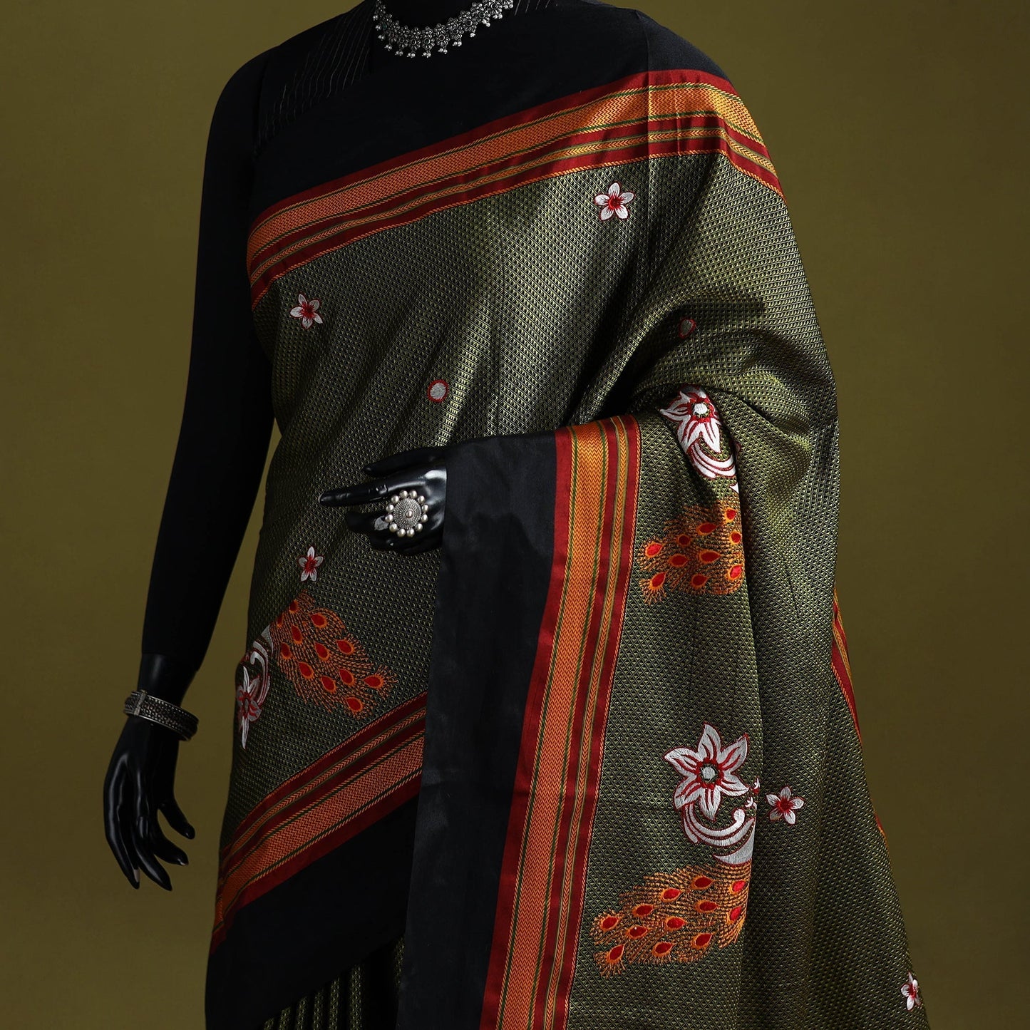 Nath work silk cotton khun saree 18 - handcrafted