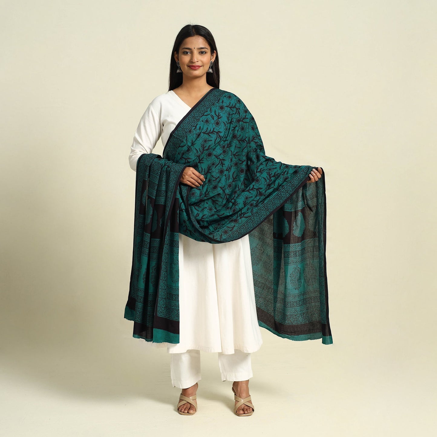 Green Natural Dye Mul Cotton Bagh Print Dupatta