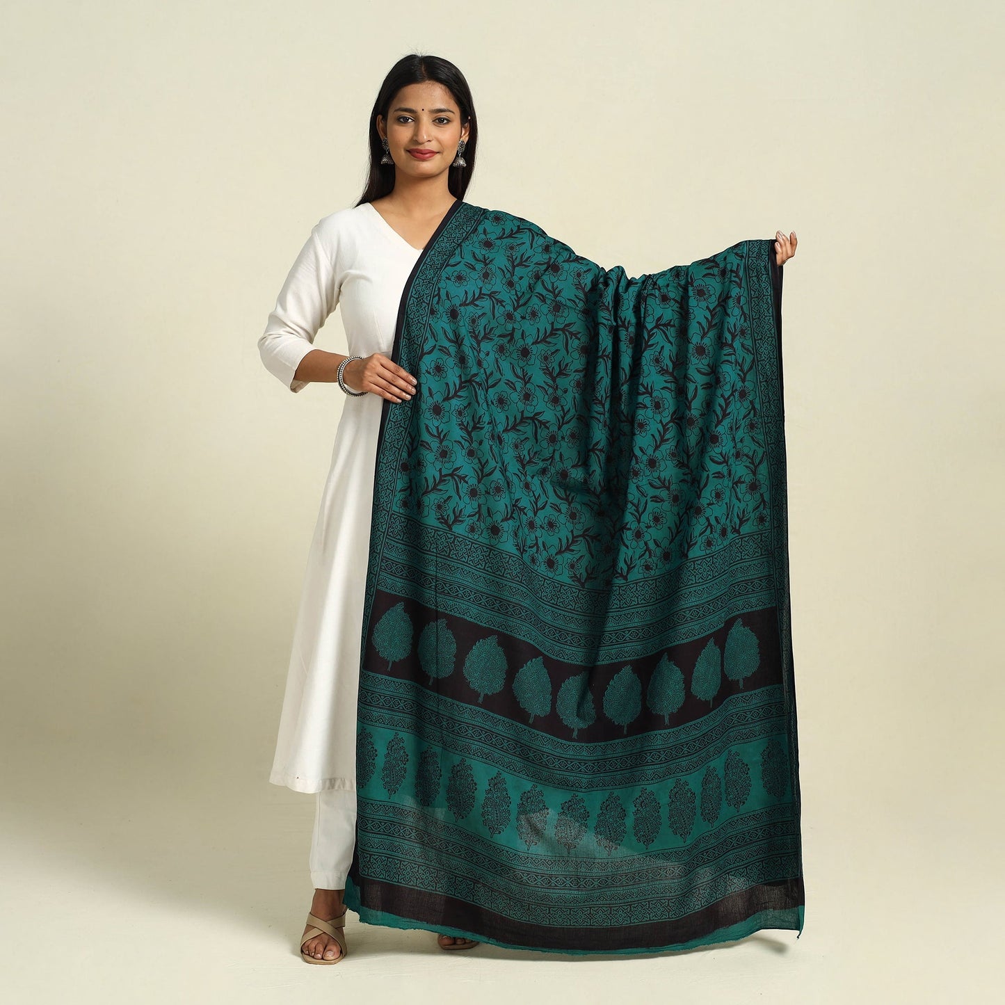 Green Natural Dye Mul Cotton Bagh Print Dupatta