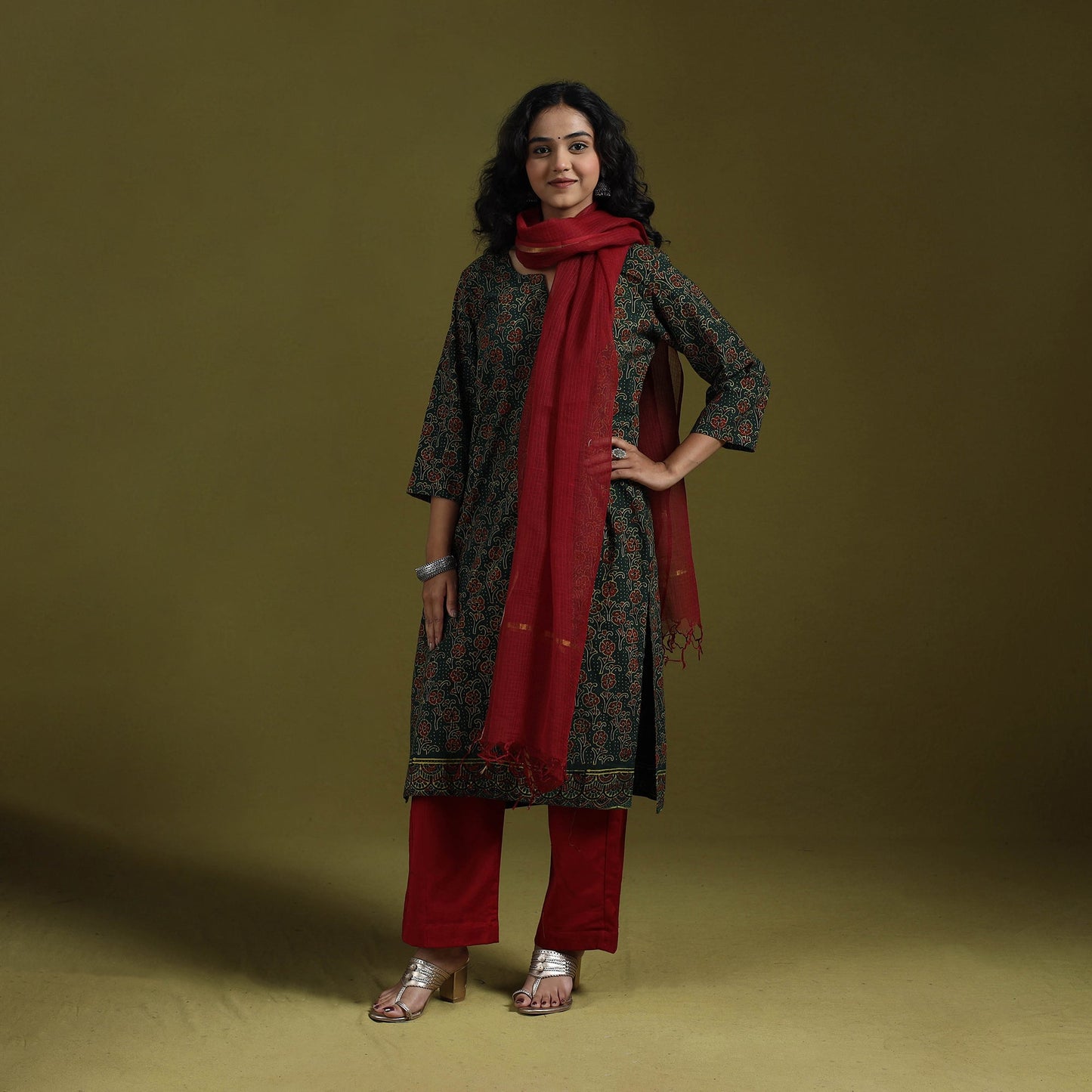 Natural dyed ajrakh hand block print cotton suit set