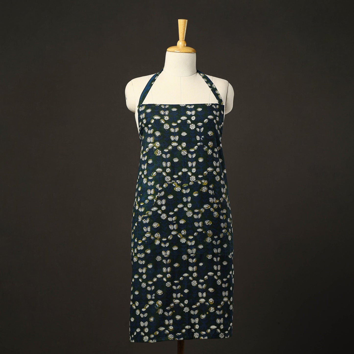 Green - bagru cotton apron with pocket 15 - handcrafted