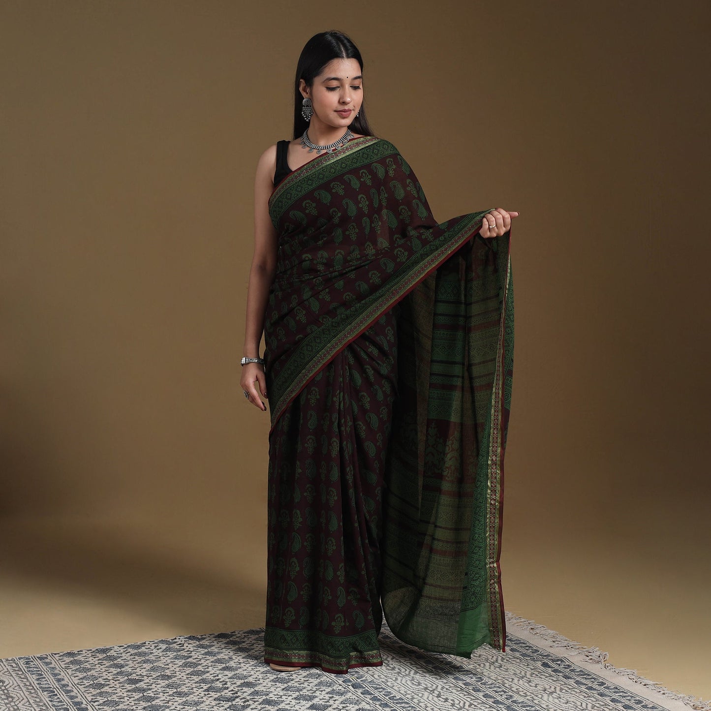 Green Block Print Natural Dyed Cotton Bagh Saree