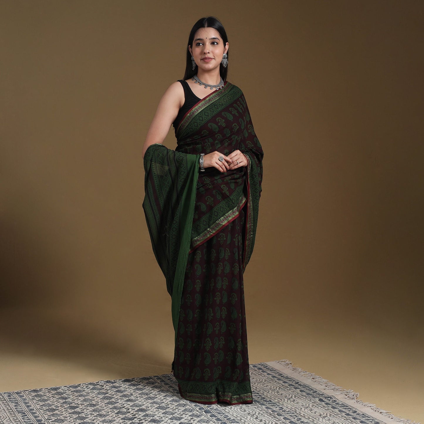 Green Block Print Natural Dyed Cotton Bagh Saree