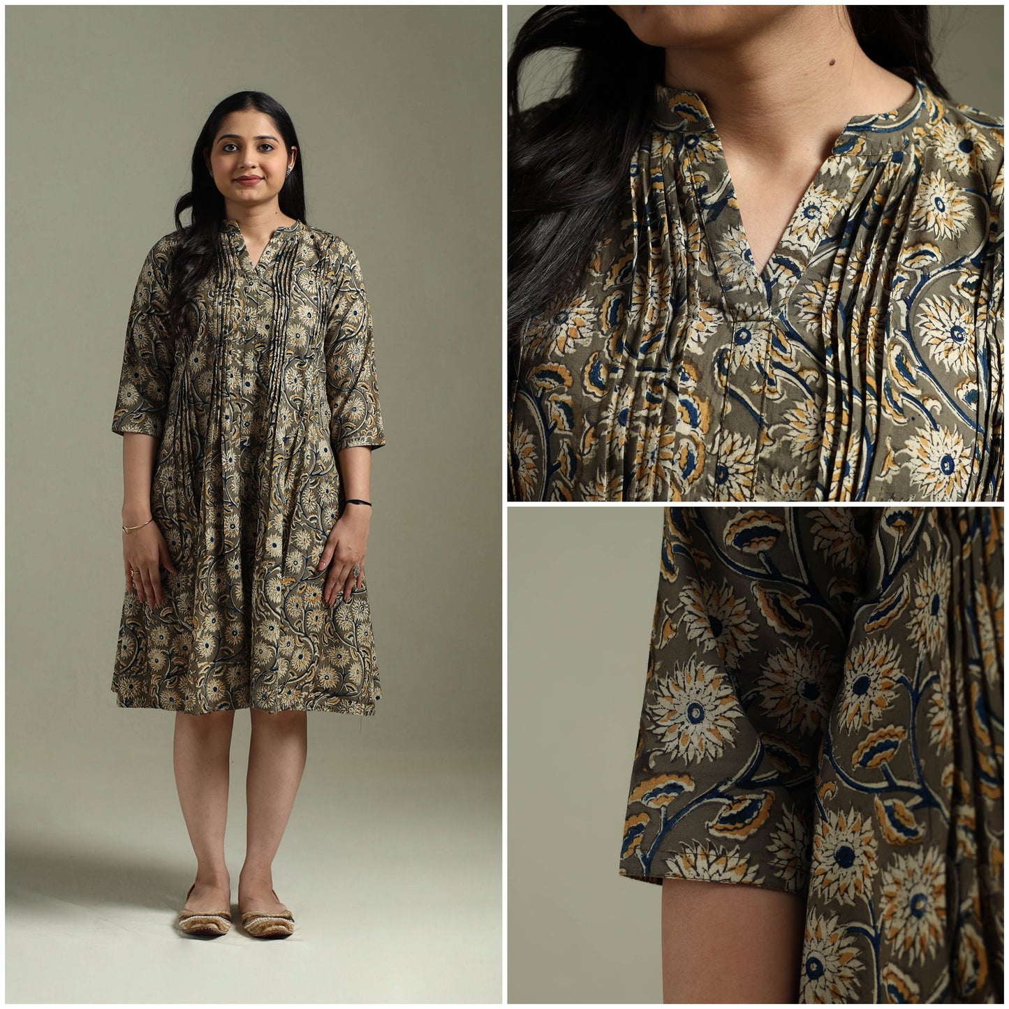 Natural dyed cotton hand block print pintuck kalamkari