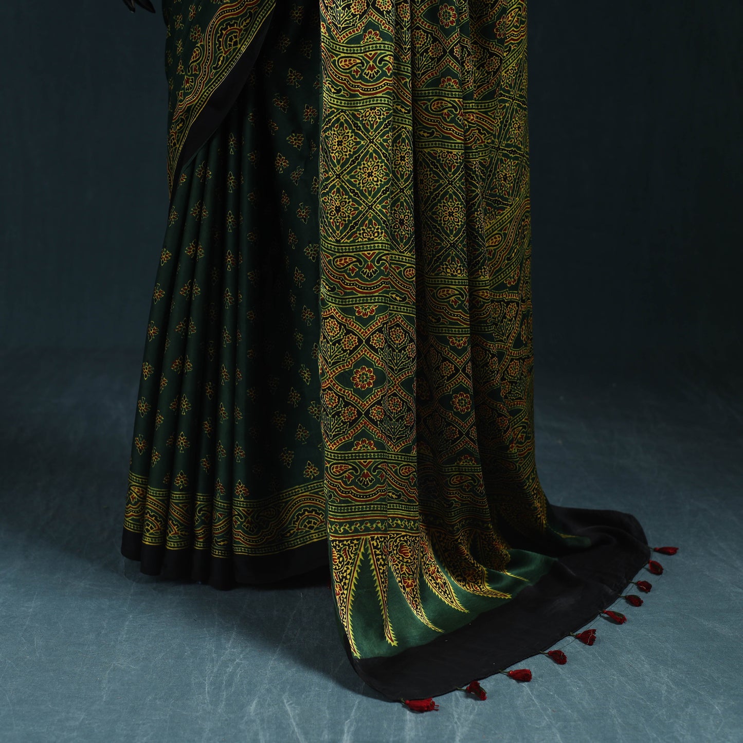 Natural dyed modal silk kutch hand block print ajrakh saree