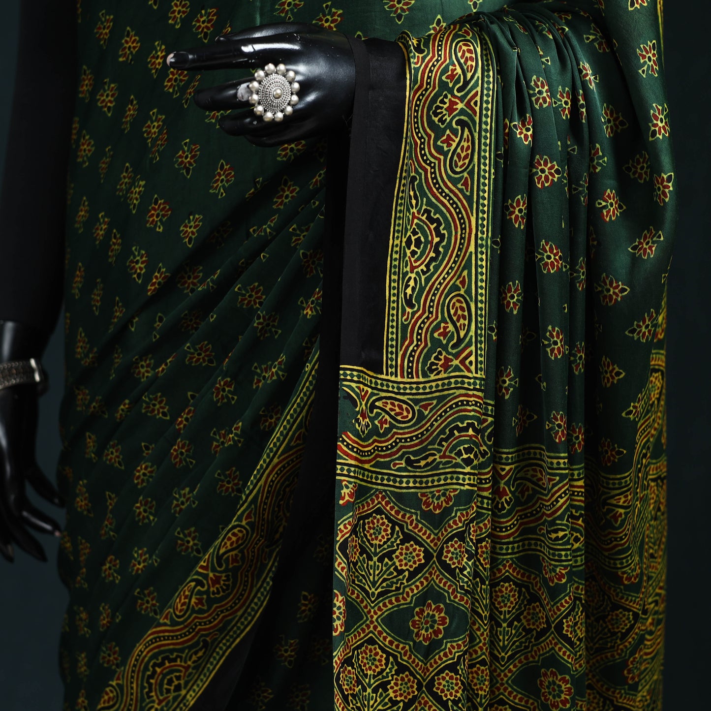 Natural dyed modal silk kutch hand block print ajrakh saree