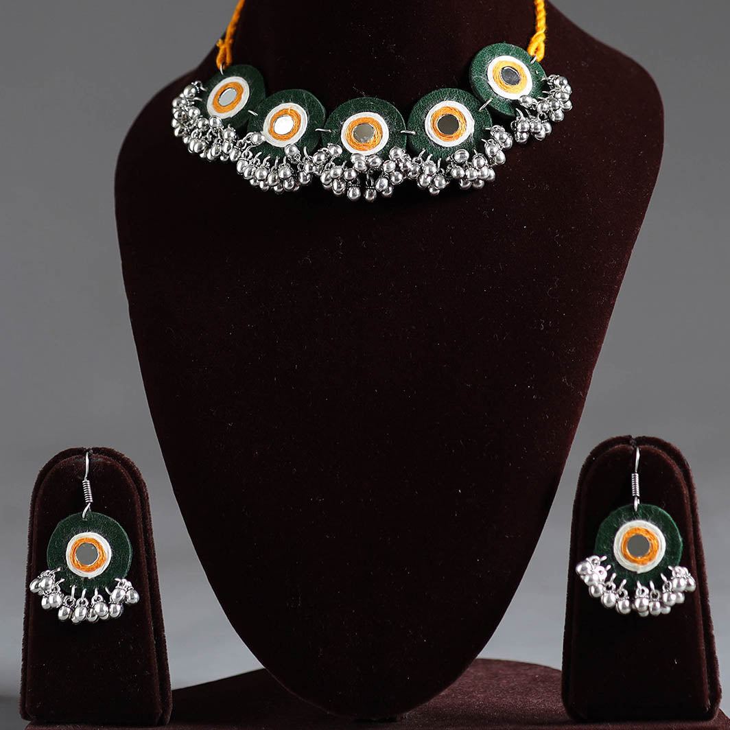 Fabart German Silver Mirror Work Choker Necklace Set